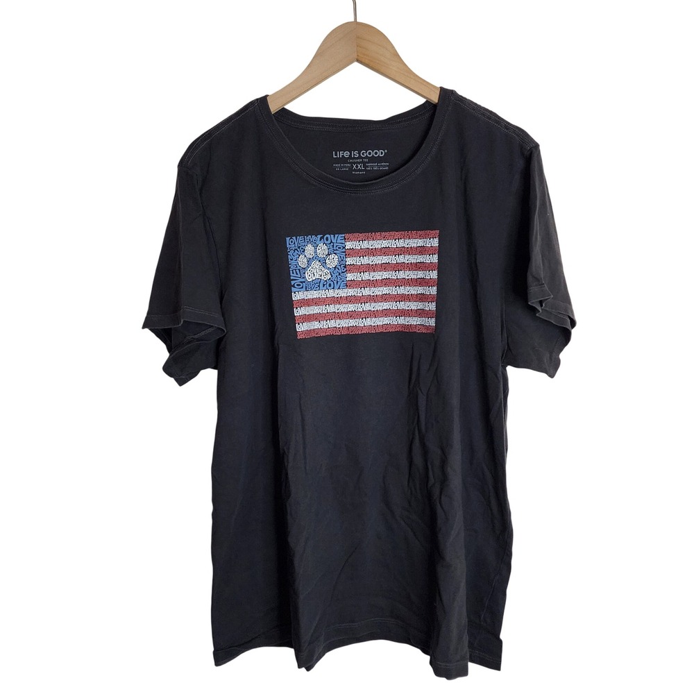 Life Is Good Crusher Tee Womens XXL American Flag Paw Print Short Sleeve Grey